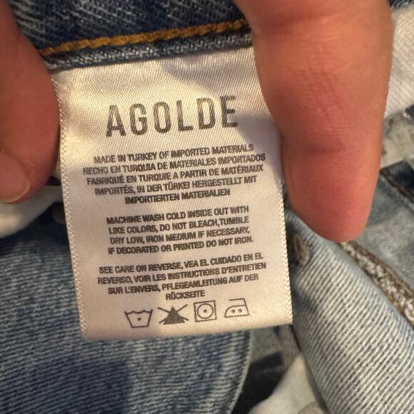 Agolde Criss Cross Straight Jeans Blue High-Rise Zip Button Raw Hem Pocket Sz 28 - Picture 5 of 6
